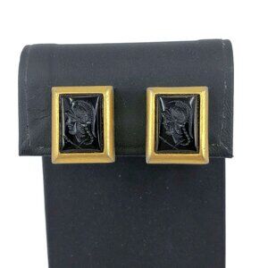 Clip On Earrings, Square Black Glass Intaglio Earrings, Vintage Clips